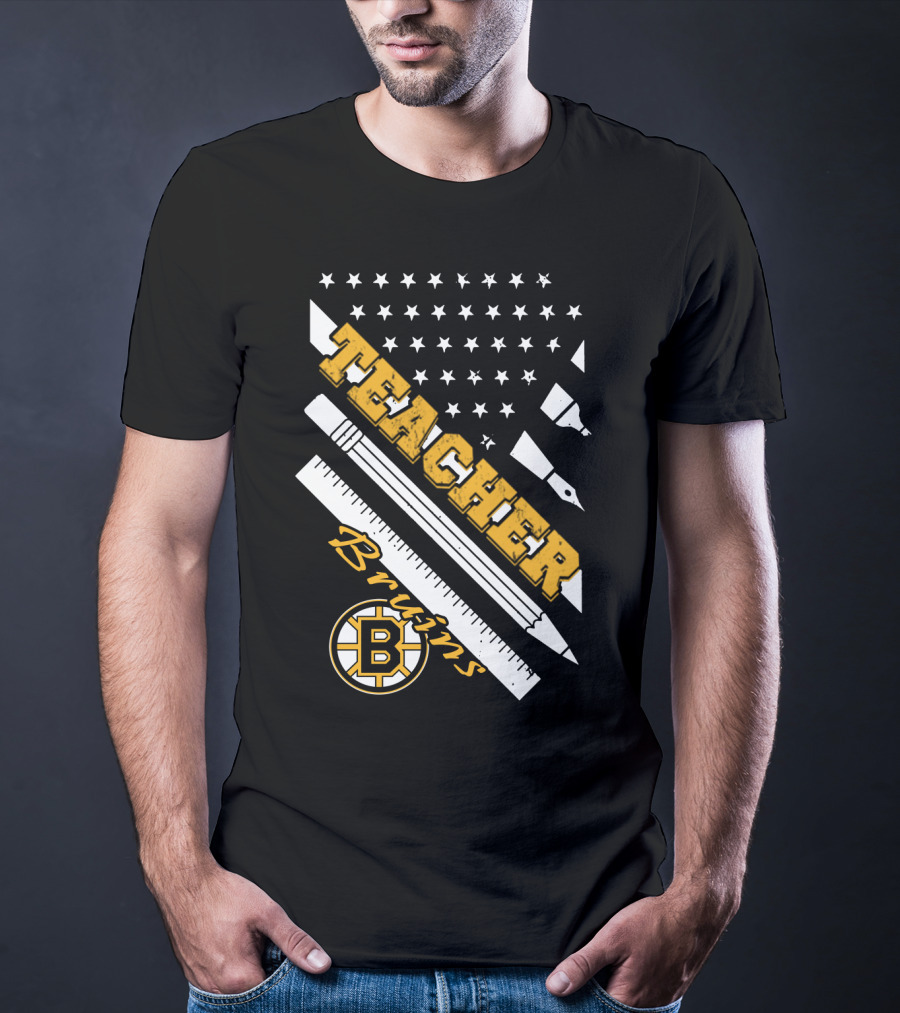 Boston Bruins Teacher American Flag Ruler Pencil Pen Stars T-Shirt