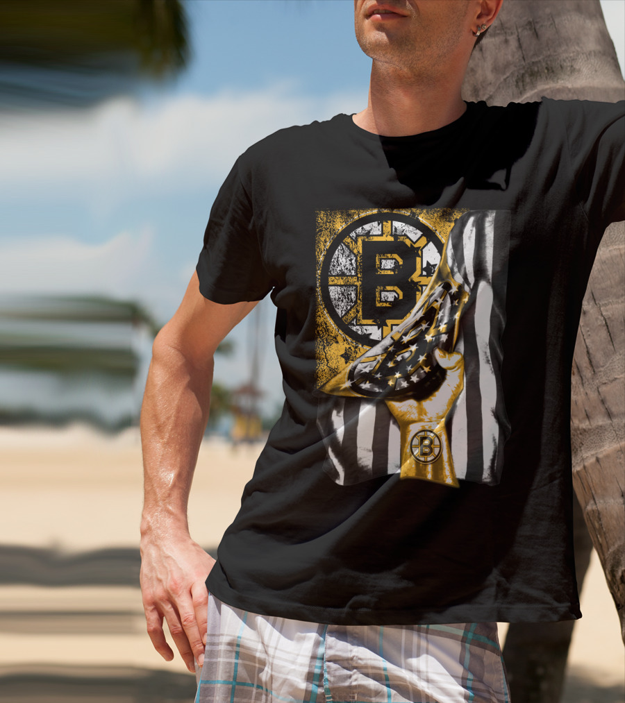Boston Bruins American Flag Hand Emblem Black And Gold Burst T-Shirt