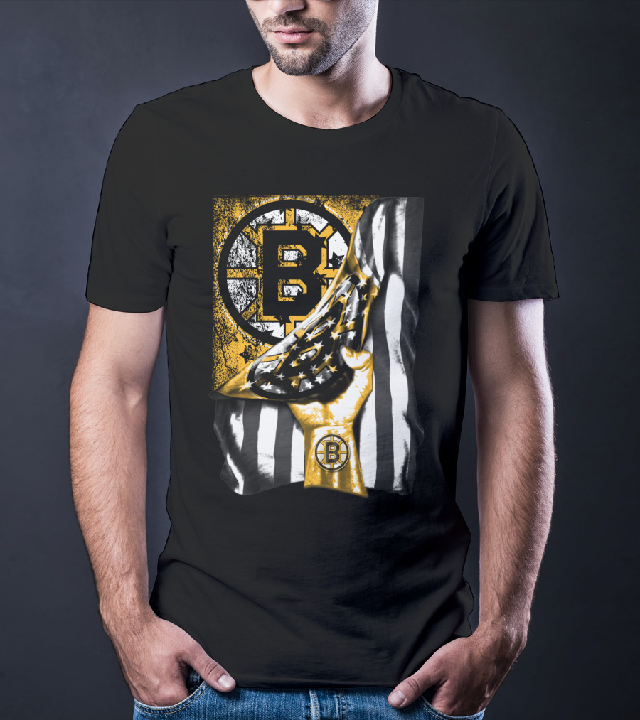 Boston Bruins American Flag Hand Emblem Black And Gold Burst T-Shirt
