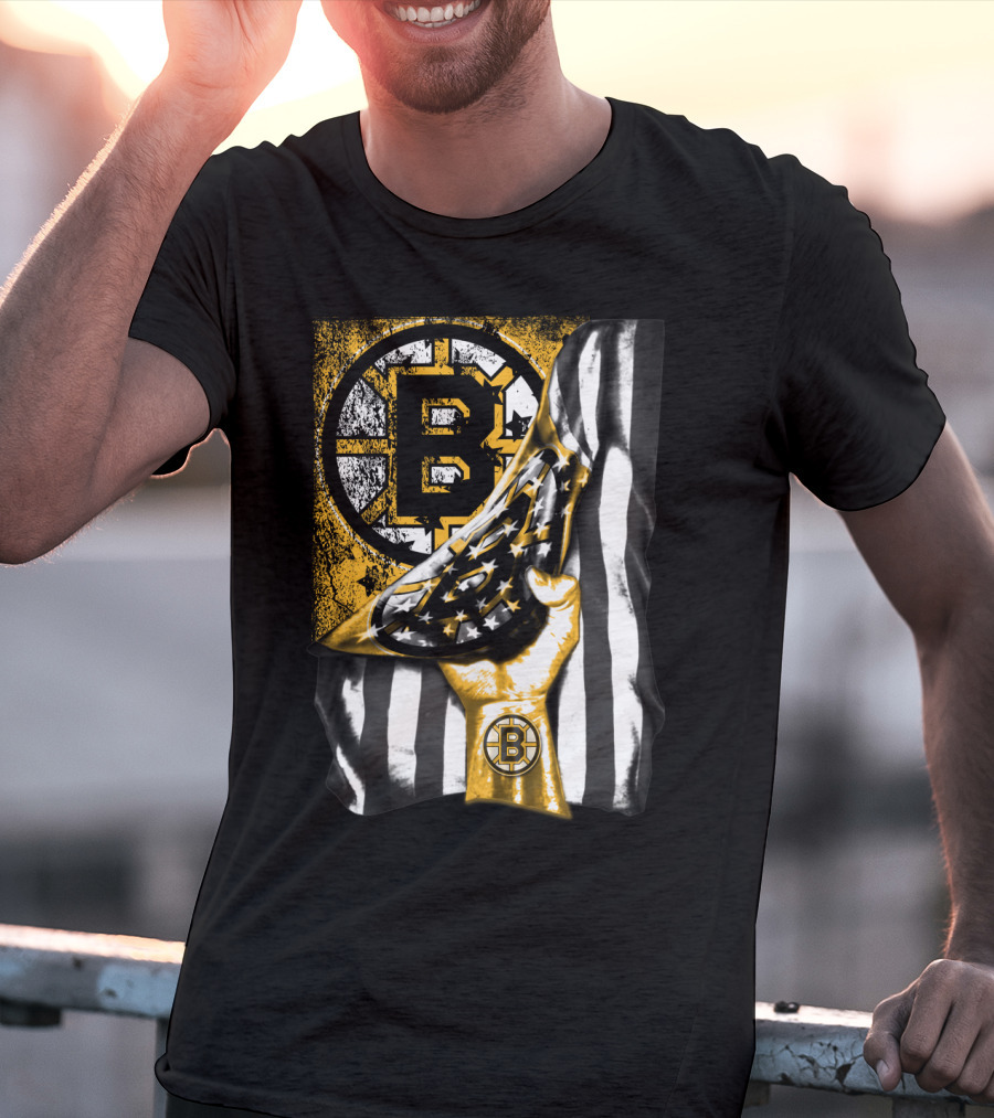 Boston Bruins American Flag Hand Emblem Black And Gold Burst T-Shirt