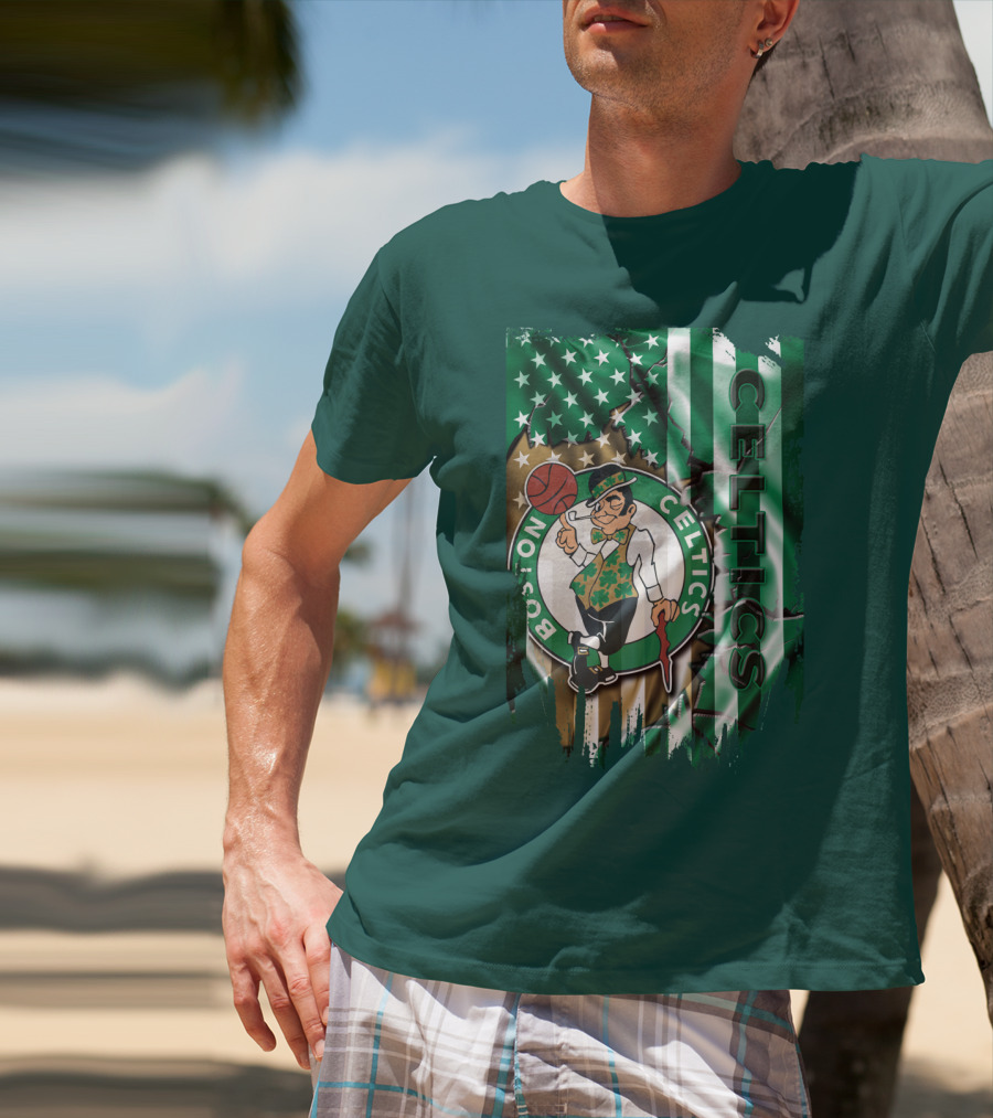 Boston Celtics Shamrock Leprechaun American Flag Basketball T-Shirt