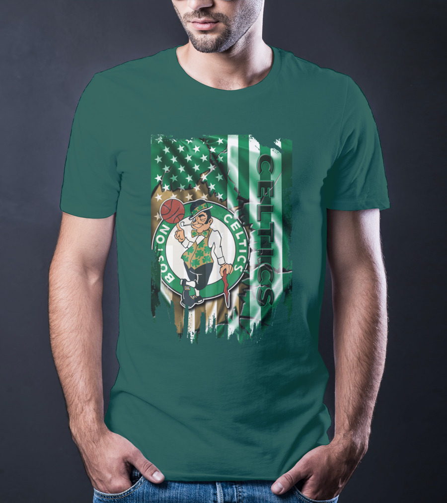 Boston Celtics Shamrock Leprechaun American Flag Basketball T-Shirt