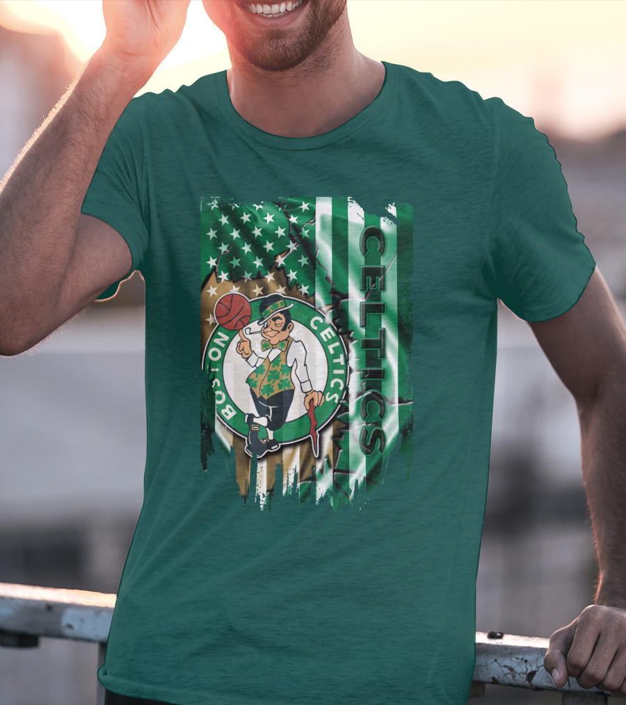 Boston Celtics Shamrock Leprechaun American Flag Basketball T-Shirt