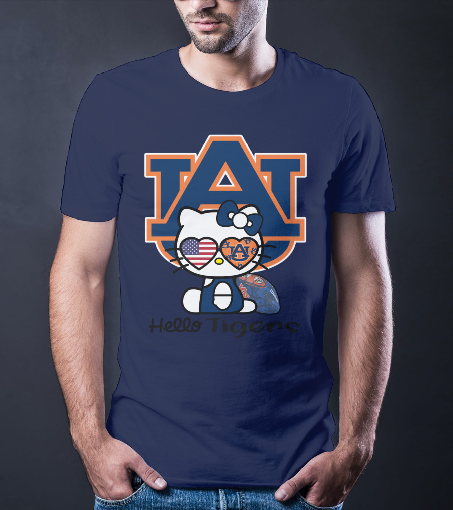 Hello Tigers Auburn Kitty Football American Flag T-Shirt