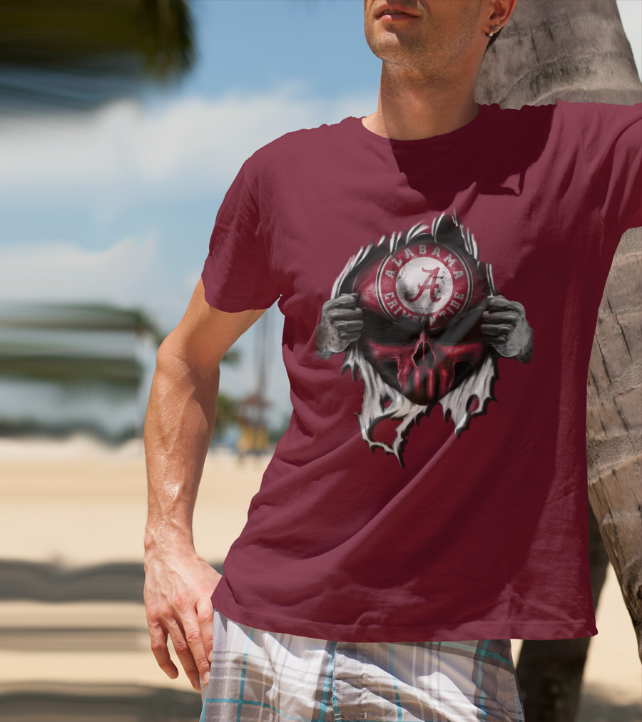 Alabama Crimson Tide Skull Emblem With Red And White Torn Fabric Effect T-Shirt