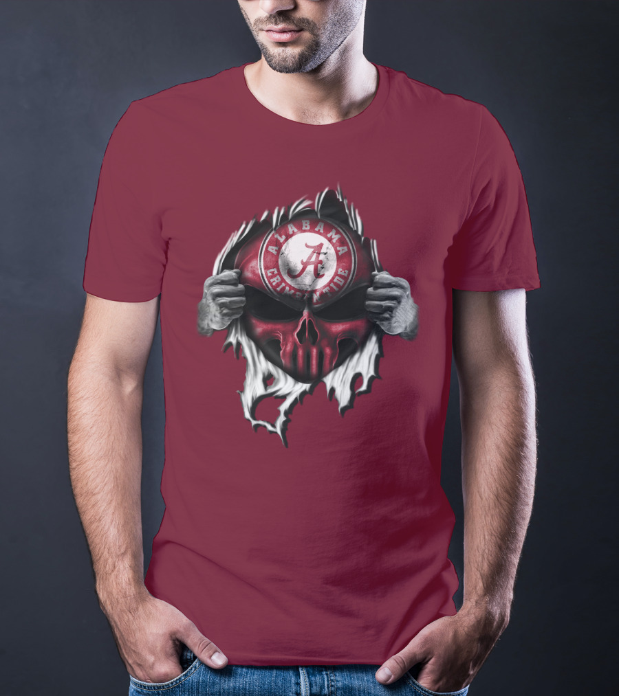 Alabama Crimson Tide Skull Emblem With Red And White Torn Fabric Effect T-Shirt