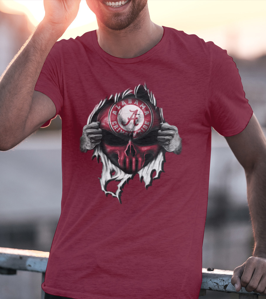 Alabama Crimson Tide Skull Emblem With Red And White Torn Fabric Effect T-Shirt