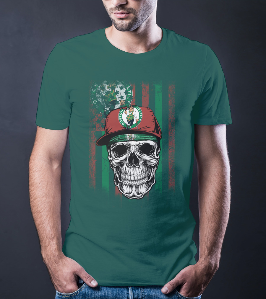 Boston Celtics Skull With Cap And Stripes T-Shirt