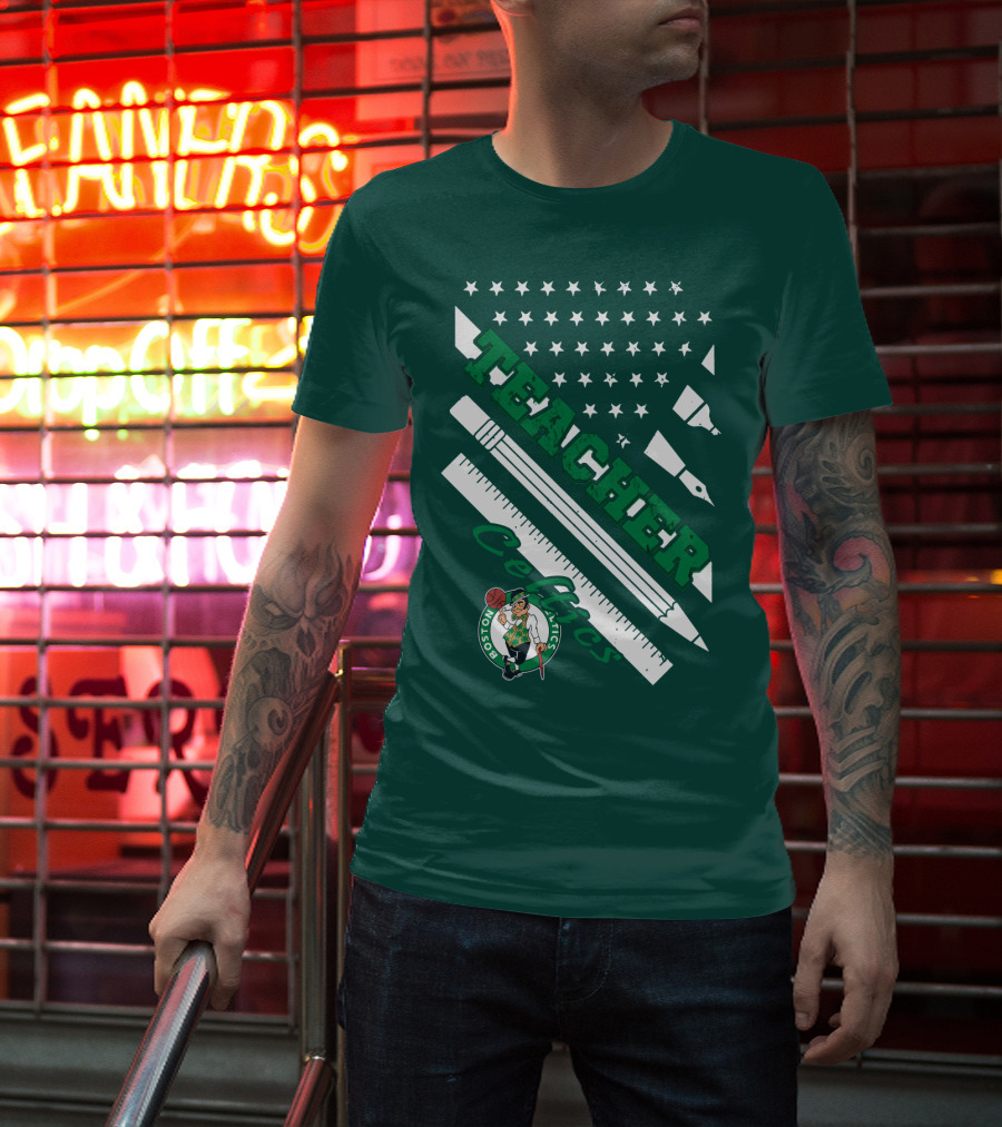 Boston Celtics Teacher Stars And Stripes Pencil Ruler T-Shirt