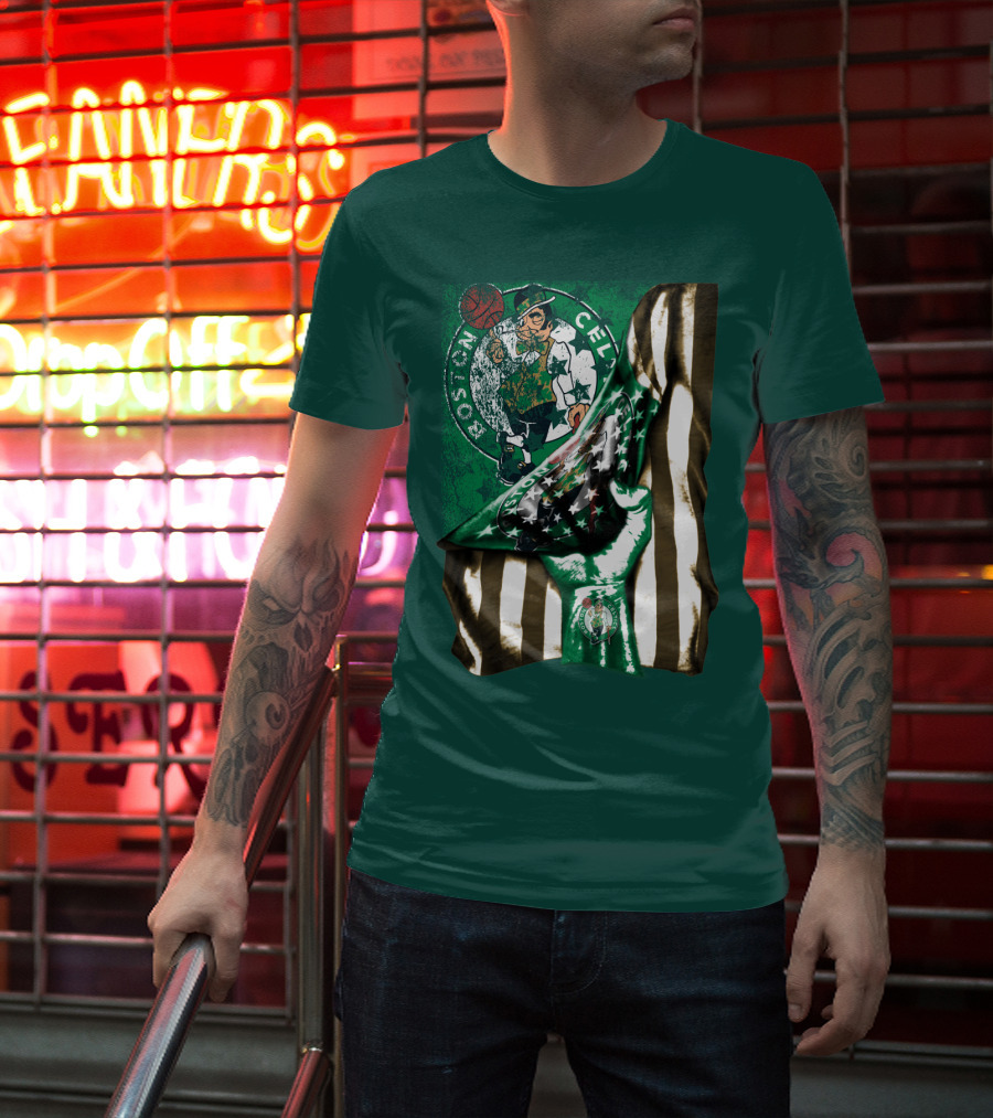 Boston Celtics Hand Lifting Flag With Lucky The Leprechaun And Basketball T-Shirt