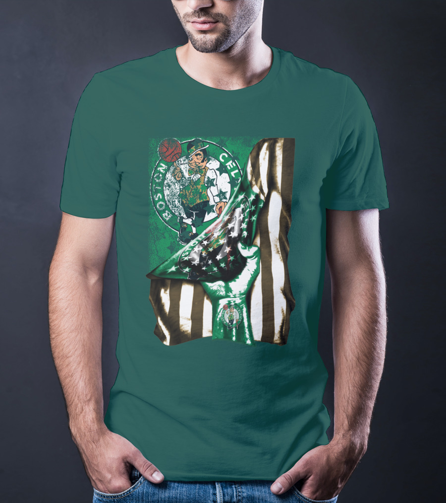 Boston Celtics Hand Lifting Flag With Lucky The Leprechaun And Basketball T-Shirt