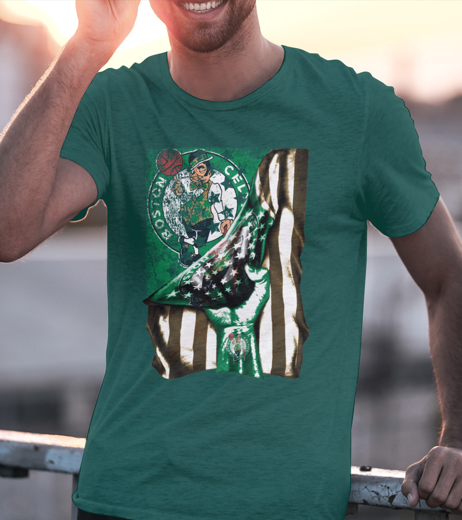 Boston Celtics Hand Lifting Flag With Lucky The Leprechaun And Basketball T-Shirt
