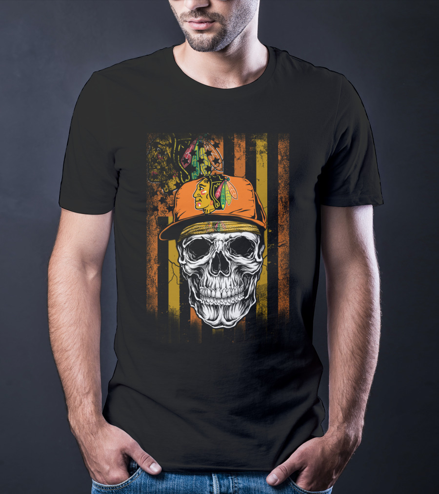 Chicago Blackhawks Skull With Hat And Feathered T-Shirt