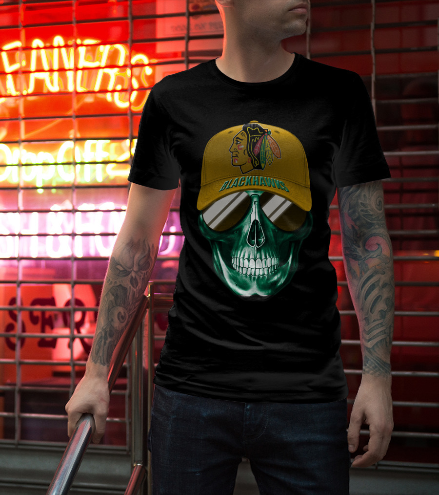 Chicago Blackhawks Skull With Iconic Logo And Cap T-Shirt