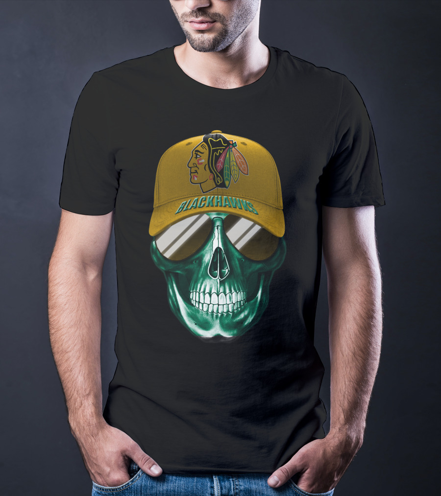 Chicago Blackhawks Skull With Iconic Logo And Cap T-Shirt
