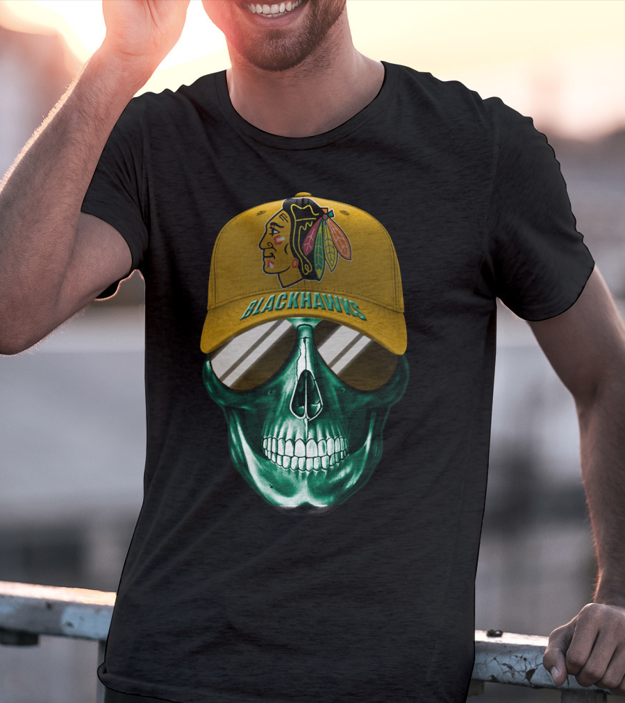 Chicago Blackhawks Skull With Iconic Logo And Cap T-Shirt
