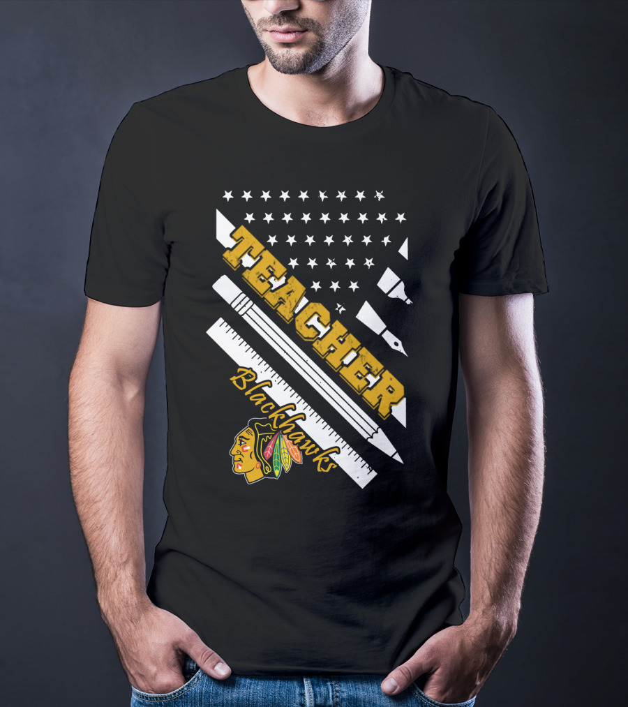 Blackhawks Teacher Usa Flag Pencil Ruler T-Shirt
