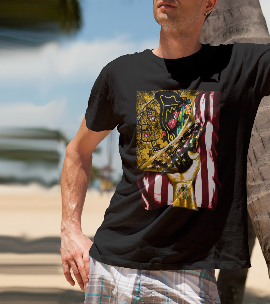Chicago Blackhawks American Flag Hand Pulling Stars And Stripes With Team T-Shirt