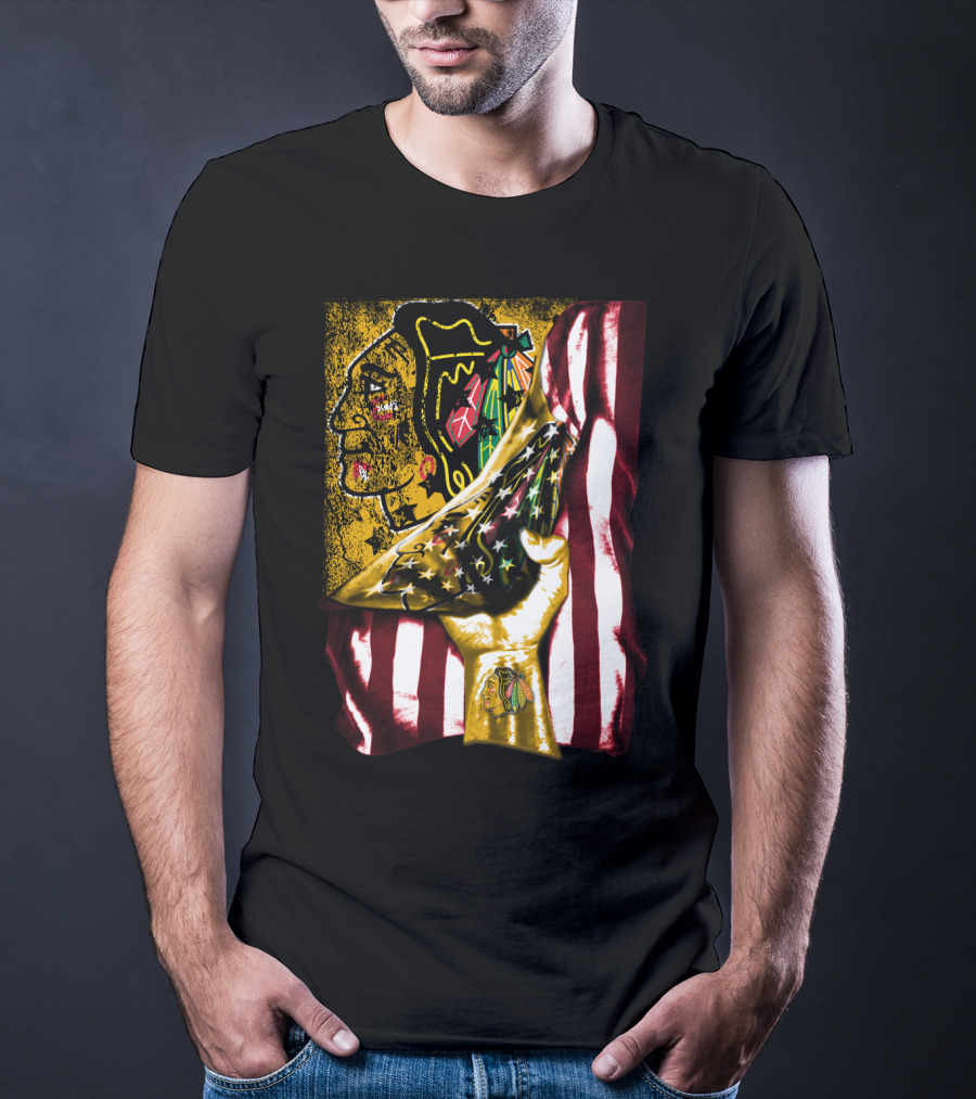 Chicago Blackhawks American Flag Hand Pulling Stars And Stripes With Team T-Shirt