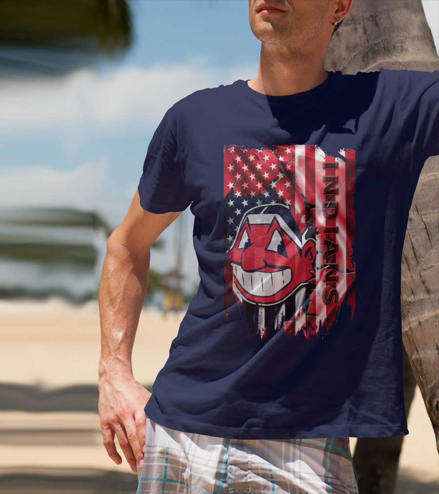 Cleveland Indians Chief Wahoo American Flag Patriotic Baseball T-Shirt