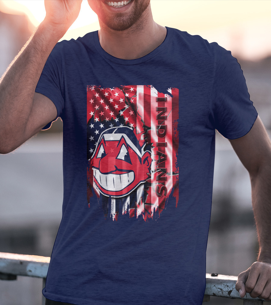 Cleveland Indians Chief Wahoo American Flag Patriotic Baseball T-Shirt