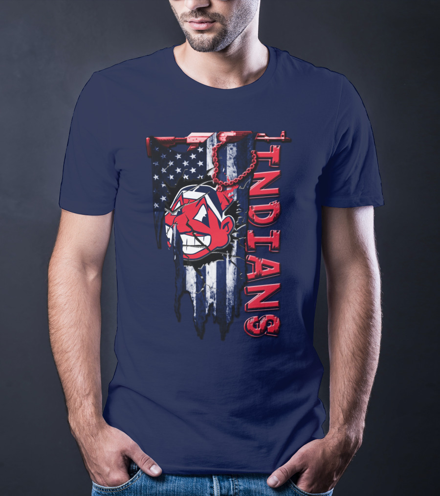 Cleveland Indians Vintage Chief Wahoo With American Flag And Red Chain T-Shirt