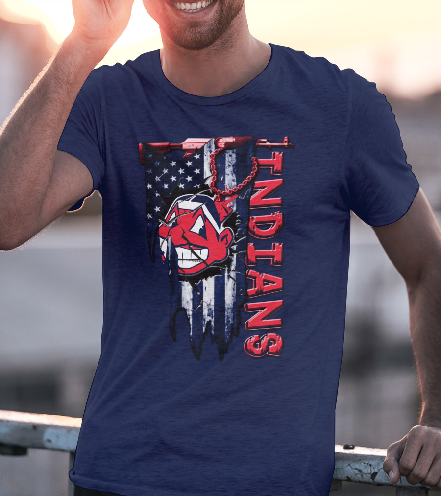 Cleveland Indians Vintage Chief Wahoo With American Flag And Red Chain T-Shirt