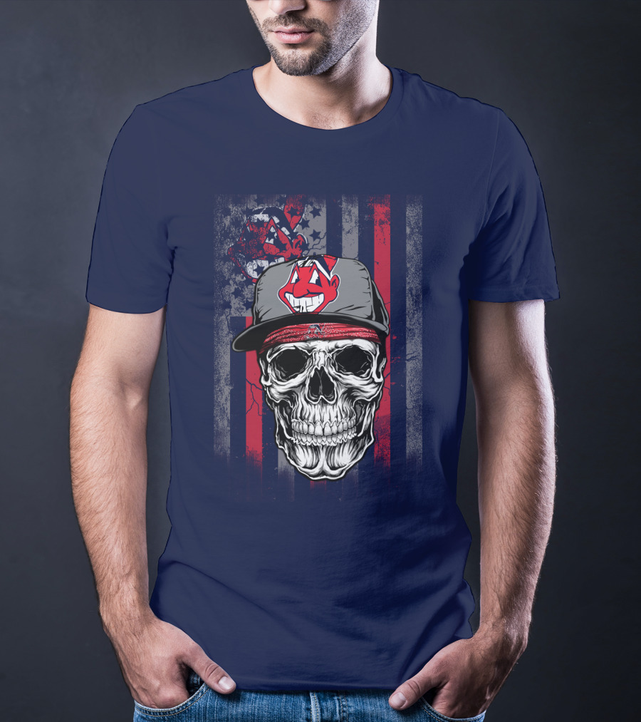 Cleveland Indians Skull Wearing Chief Wahoo Cap With American Flag T-Shirt
