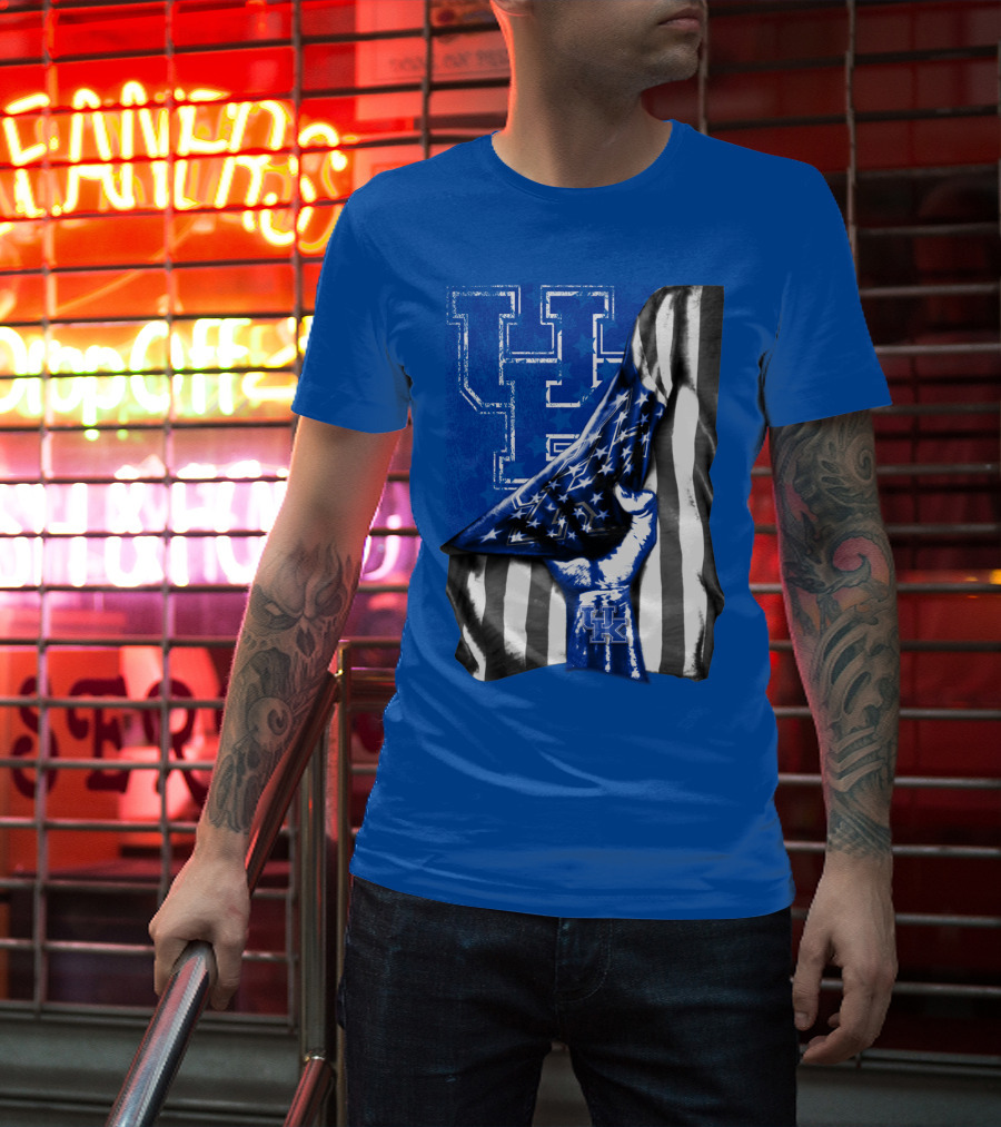 Kentucky Wildcats U.s. Flag Blue And White Logo Fusion T-Shirt