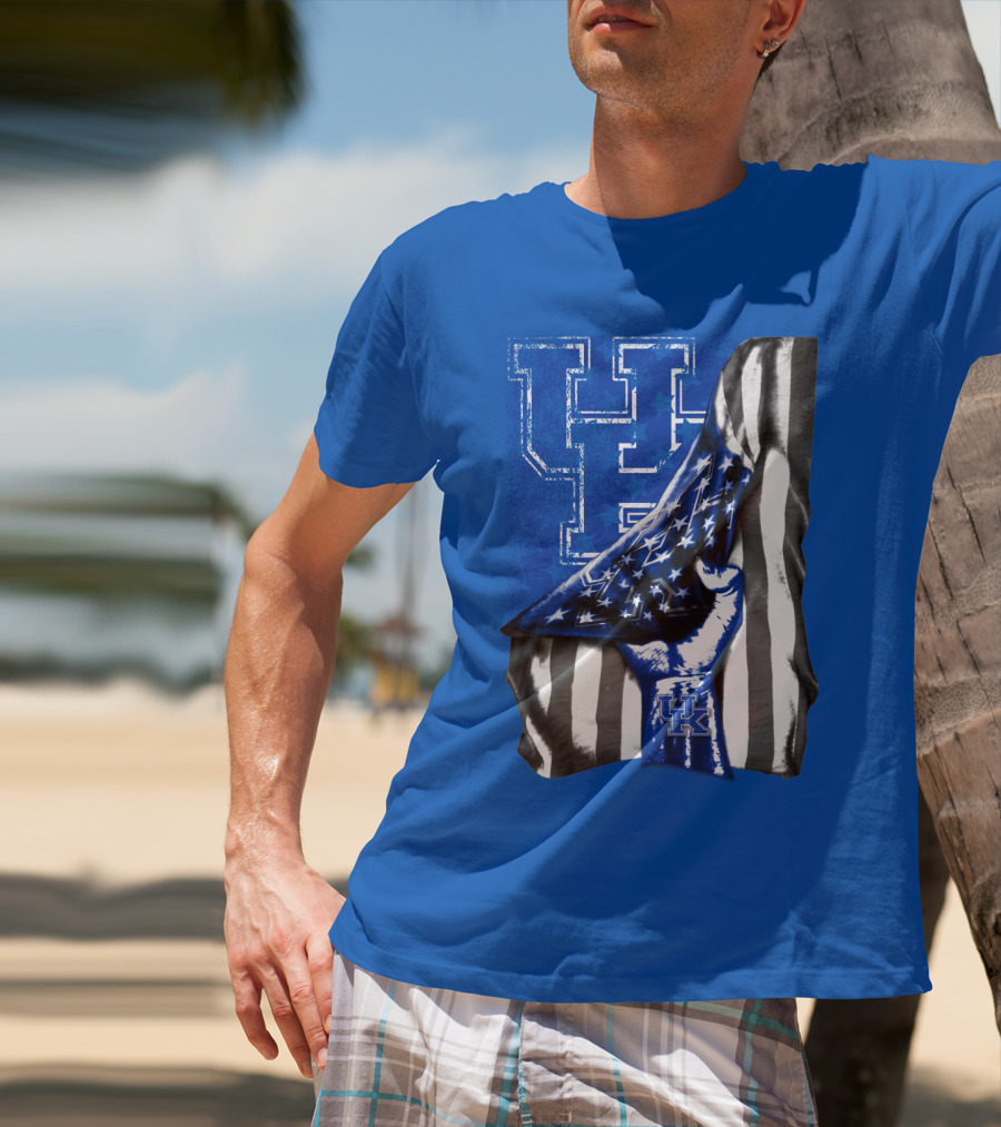 Kentucky Wildcats U.s. Flag Blue And White Logo Fusion T-Shirt