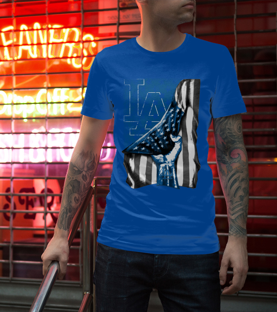 Los Angeles Dodgers La Logo American Flag Fist T-Shirt