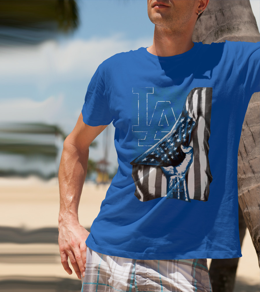 Los Angeles Dodgers La Logo American Flag Fist T-Shirt