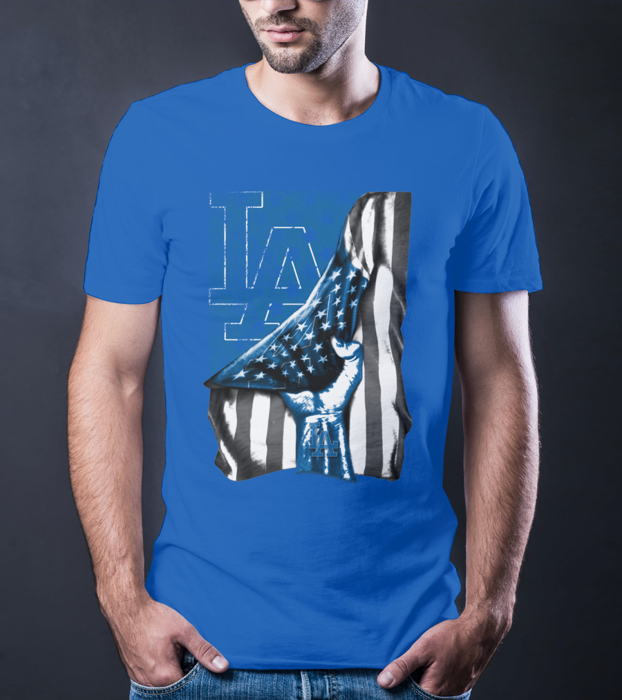 Los Angeles Dodgers La Logo American Flag Fist T-Shirt