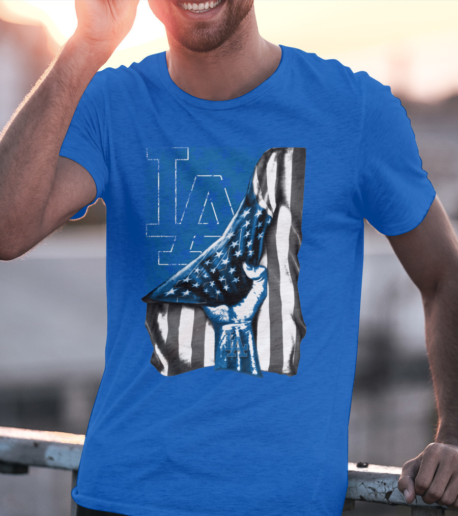 Los Angeles Dodgers La Logo American Flag Fist T-Shirt