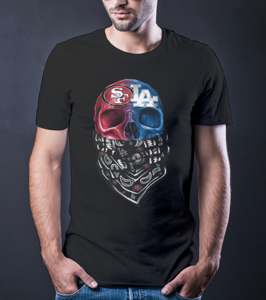Sf 49ers La Dodgers Split Skull Bandana T-Shirt