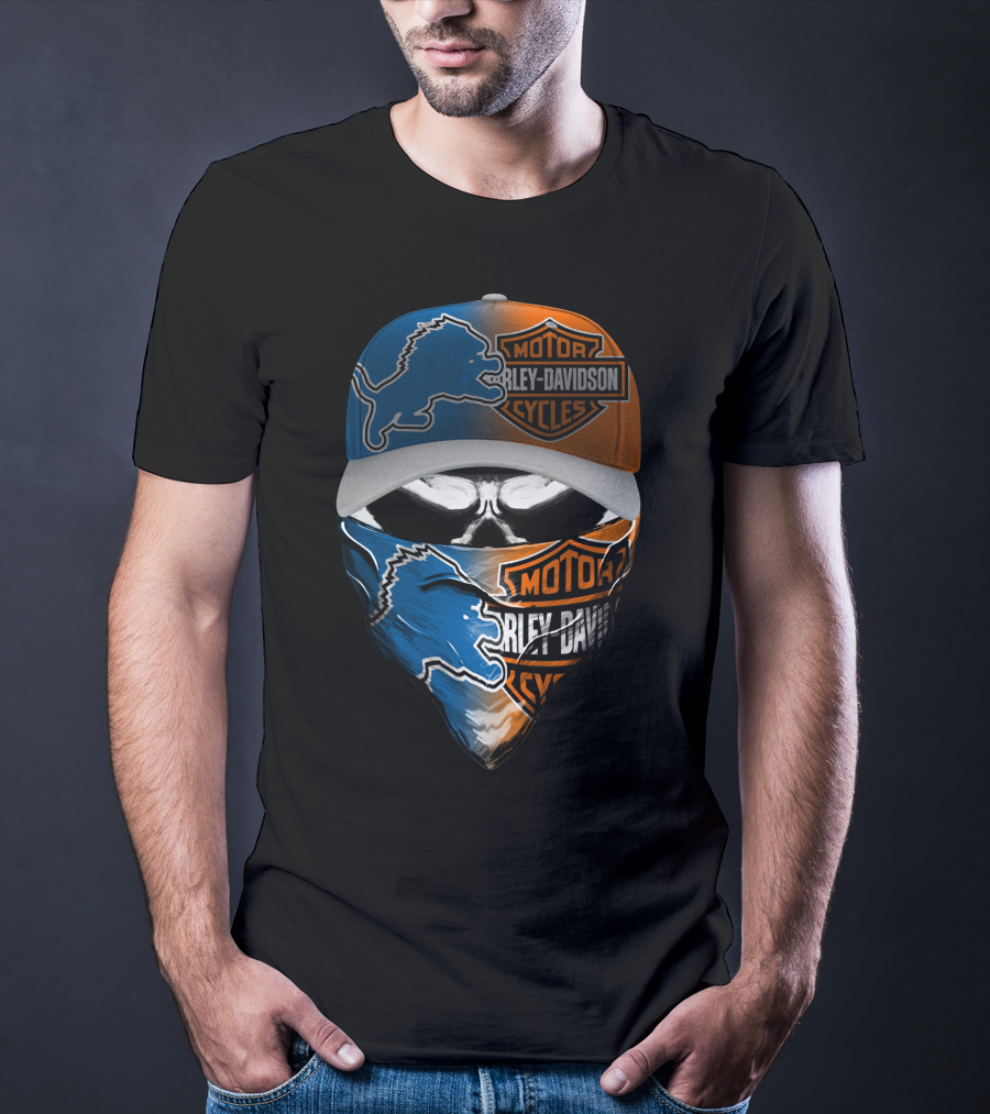 Detroit Lions Harley Davidson Motorcycles Skull Mask T-Shirt