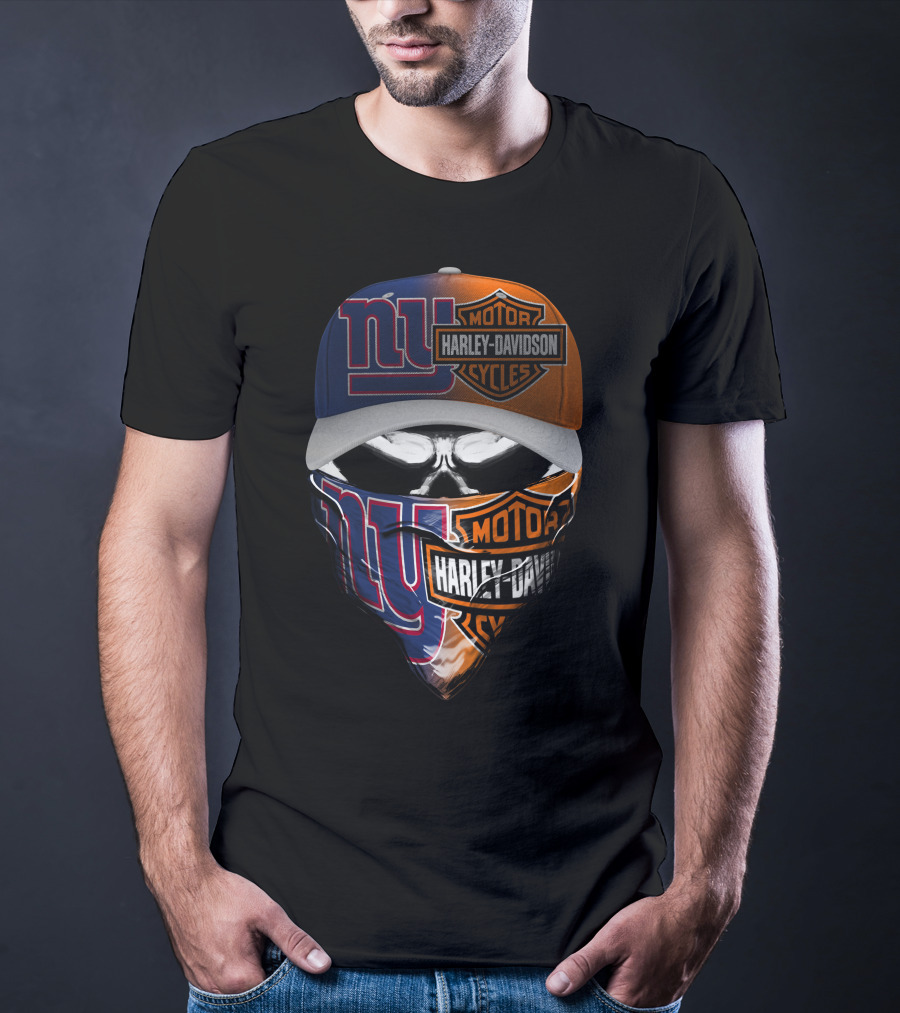 New York Giants And Harley Davidson Crossover Skull Mask Hat T-Shirt