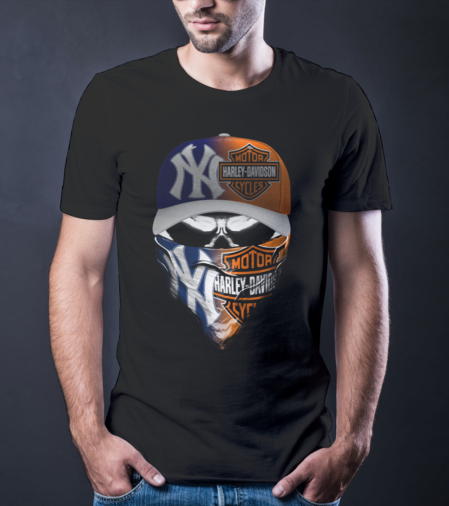 New York Yankees Harley Davidson Motorcycles Skull Mask Hat T-Shirt