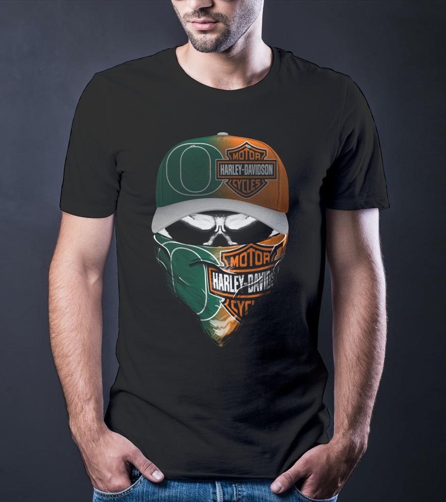 Harley Davidson Motor Cycles With Green And Orange Skull Mask Logo Mashup T-Shirt