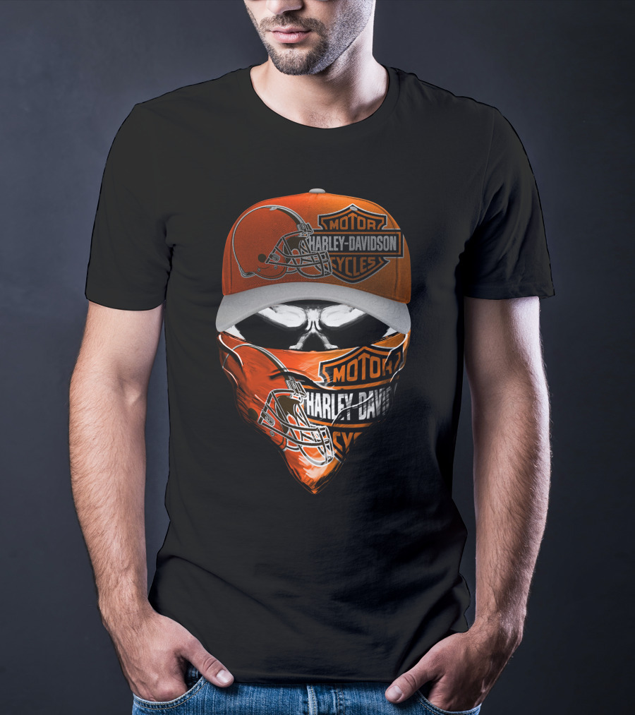 Harley Davidson Motorcycles Cleveland Browns Skull Cap And Bandana T-Shirt