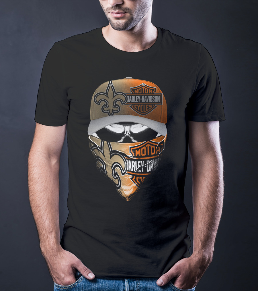 Harley Davidson New Orleans Saints Fleur-De-Lis Skull Mask Hat T-Shirt