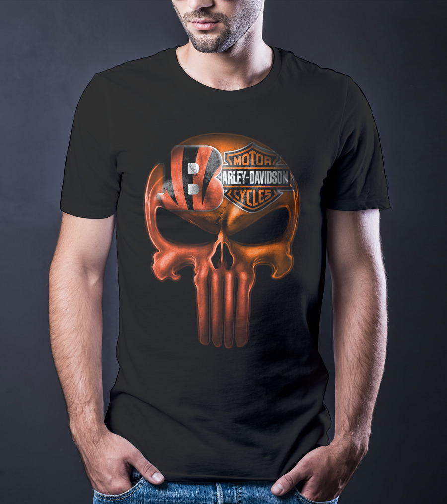 Cincinnati Bengals Harley Davidson Punisher Skull T-Shirt