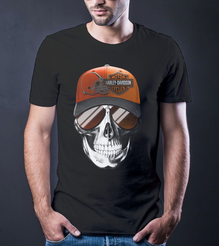 Cleveland Browns Harley Davidson Skull Sunglasses T-Shirt