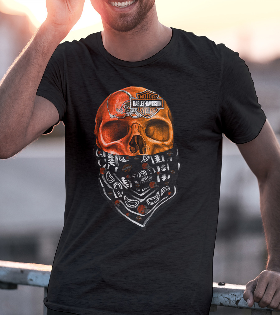 Harley Davidson Cleveland Browns Skull With Bandana T-Shirt