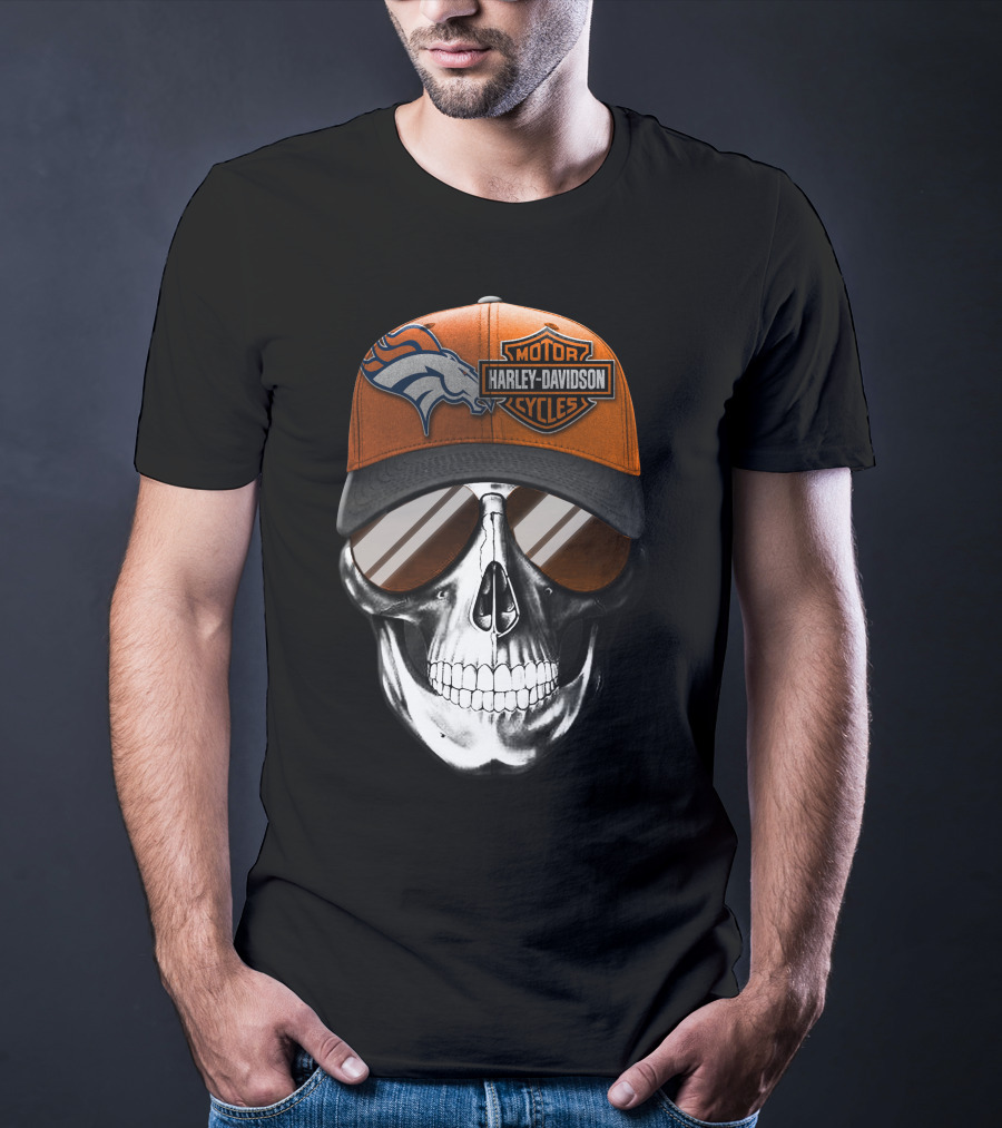 Harley Davidson Motorcycles Skull With Denver Broncos Cap T-Shirt