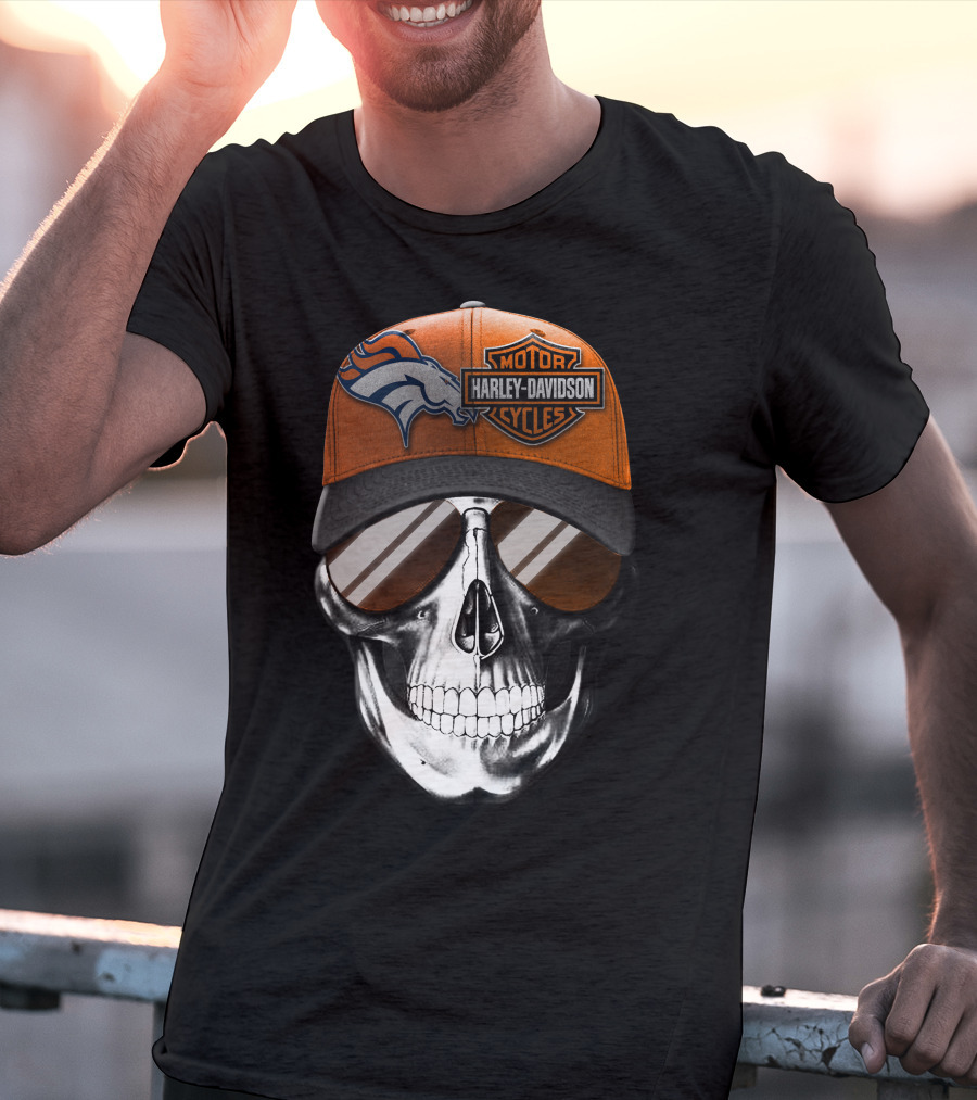 Harley Davidson Motorcycles Skull With Denver Broncos Cap T-Shirt