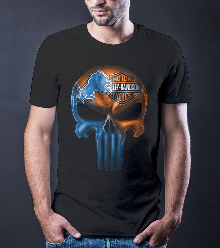 Detroit Lions Harley Davidson Motorcycles Punisher Skull T-Shirt
