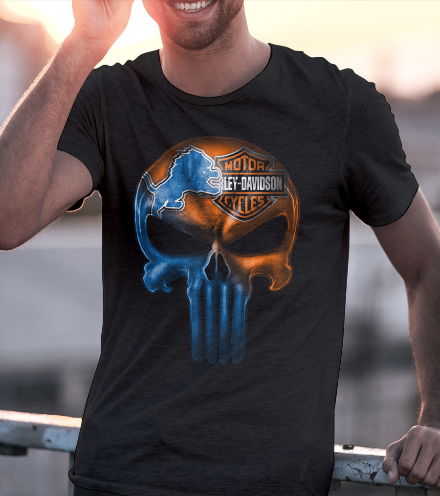 Detroit Lions Harley Davidson Motorcycles Punisher Skull T-Shirt