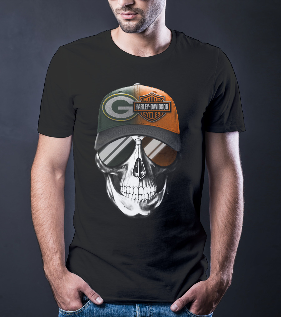 Green Bay Packers Harley Davidson Skull Cap T-Shirt