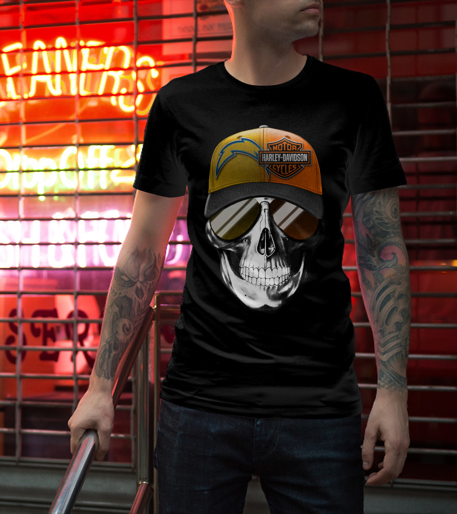 Los Angeles Chargers And Harley Davidson Motorcycle Skull Cap T-Shirt